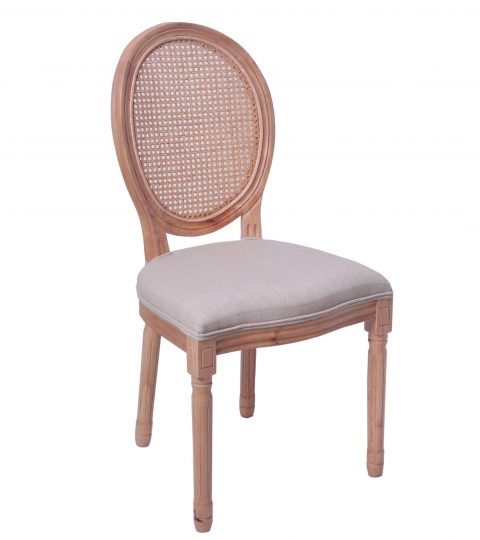 Wooden Louis Chair Rattan Back And Fabric Seat