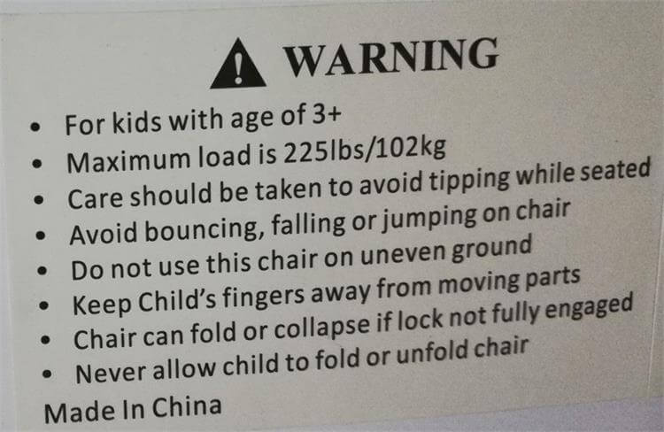 warning labal of kid folding chairs