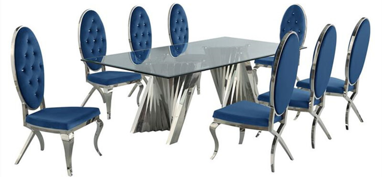 Stainless steel tables with chairs in velvet fabric
