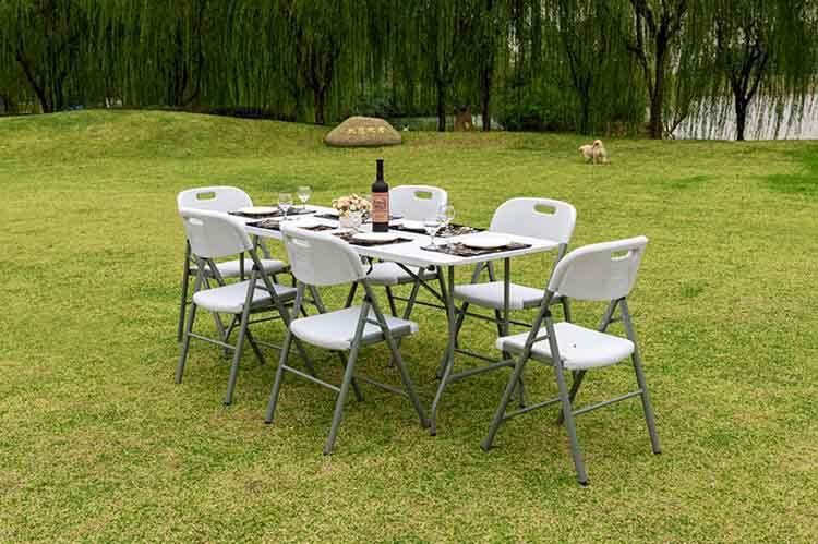 Plastic tables with plastic folding chairs or steel folding chairs
