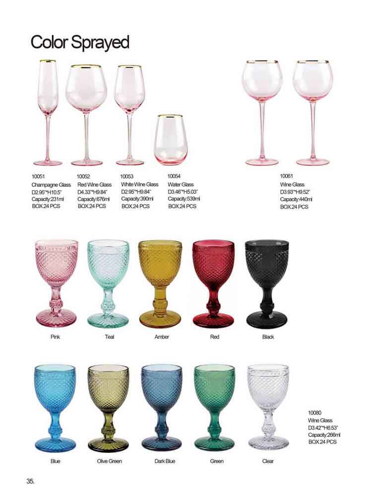 Matching drink glasses, wine glasses and water glasses with tables.