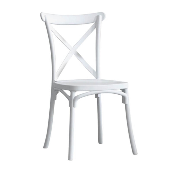 white plastic crossback chair