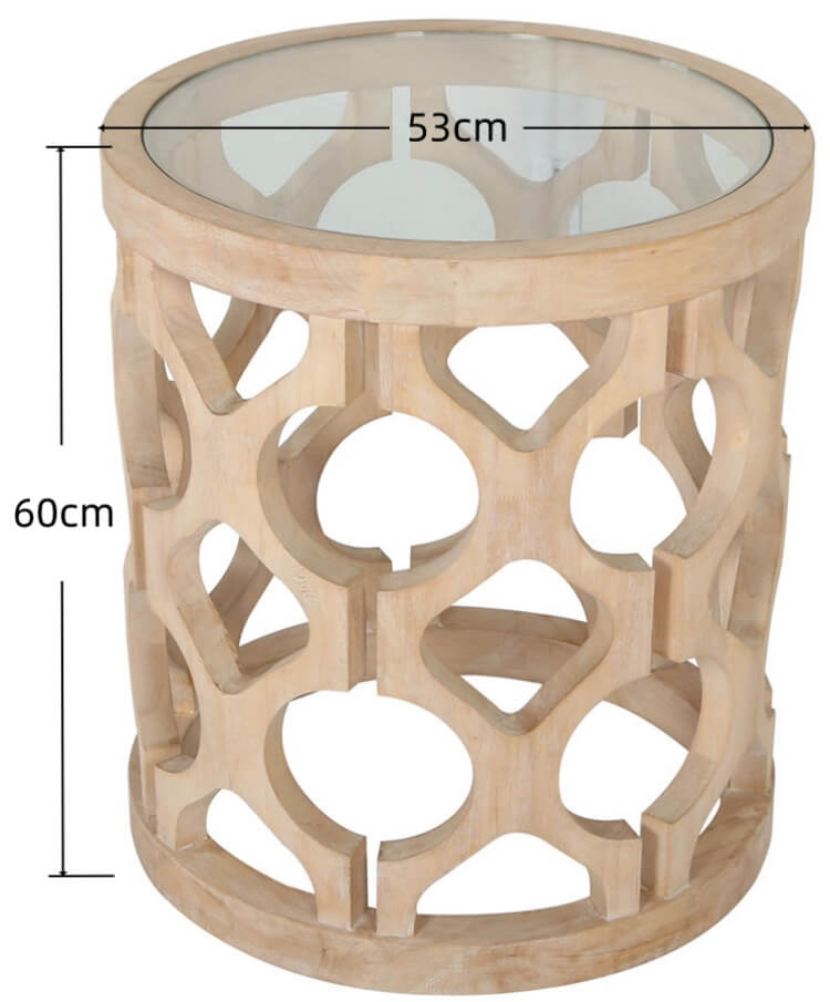 Geometric Openwork Wooden Side Table with Glass Top