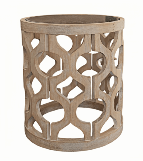 Geometric Openwork Wooden Side Table with Glass Top